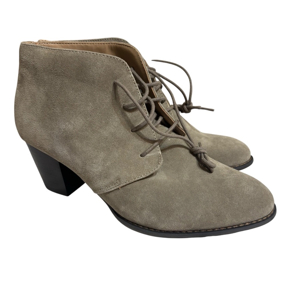 Vionic booties Zenda taupe suede lace up block heel size 10 WIDE